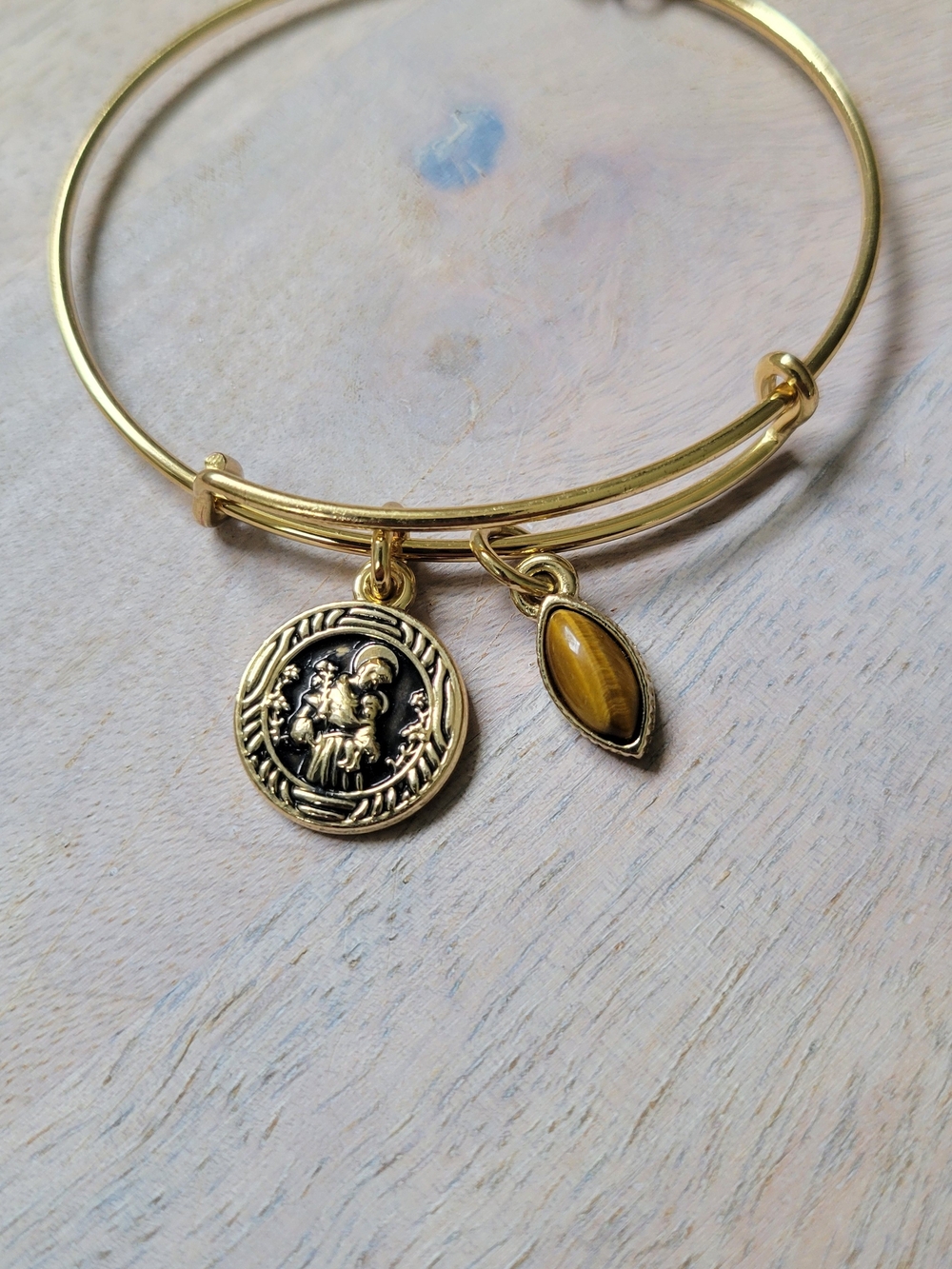 Alex And Ani Gold-Tone Saint Christopher Bangle with Tiger Eye Charm